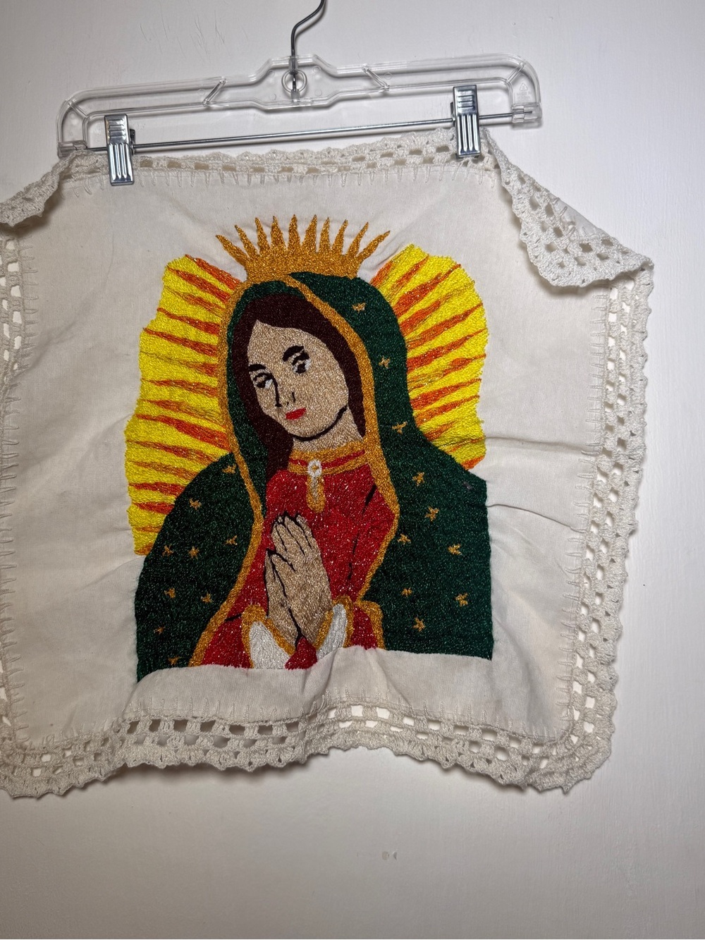 Embroidered Virgin Mary Wall Hanging Table Decor - Green, Yellow, Red